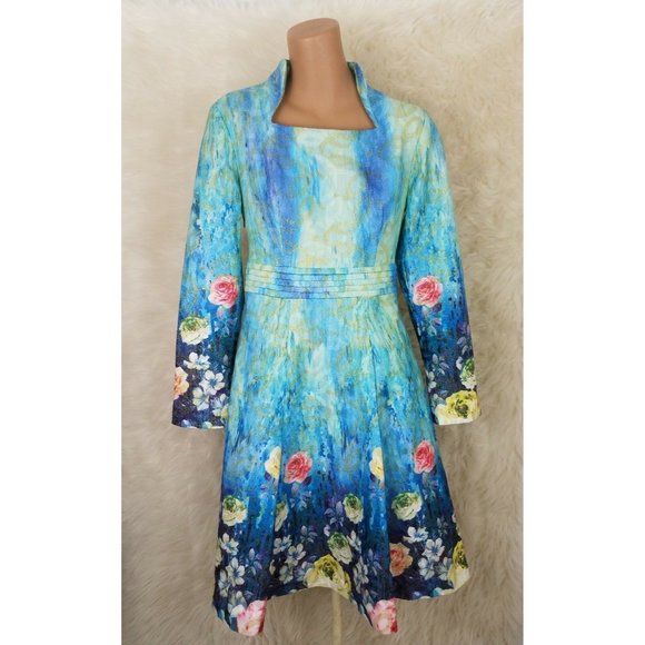 Susongeth Womens Sz Large Dress Long Sleeve Rose Watercolor Fitted Waist Rare L - Picture 1 of 7